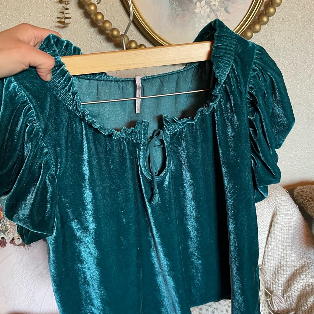 Free People Velvet Teal Puff-Sleeve Women's Top